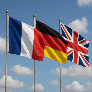 French, British, and German flags